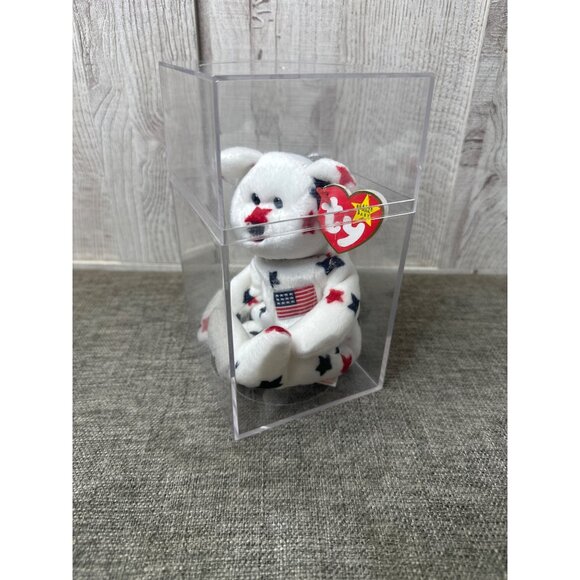 Ty Beanie Baby Glory Bear 1998 U.S. Flag White With Red & Blue Stars and Case - Picture 9 of 9